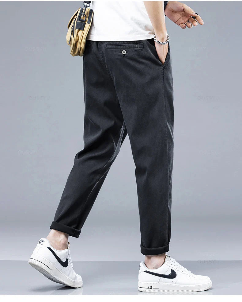 Men's Casual Pants - Soft Lyocell Fabric, Thin Slim Fit, Elastic Waist, Korean Style Jogger Ankle-Length Trousers