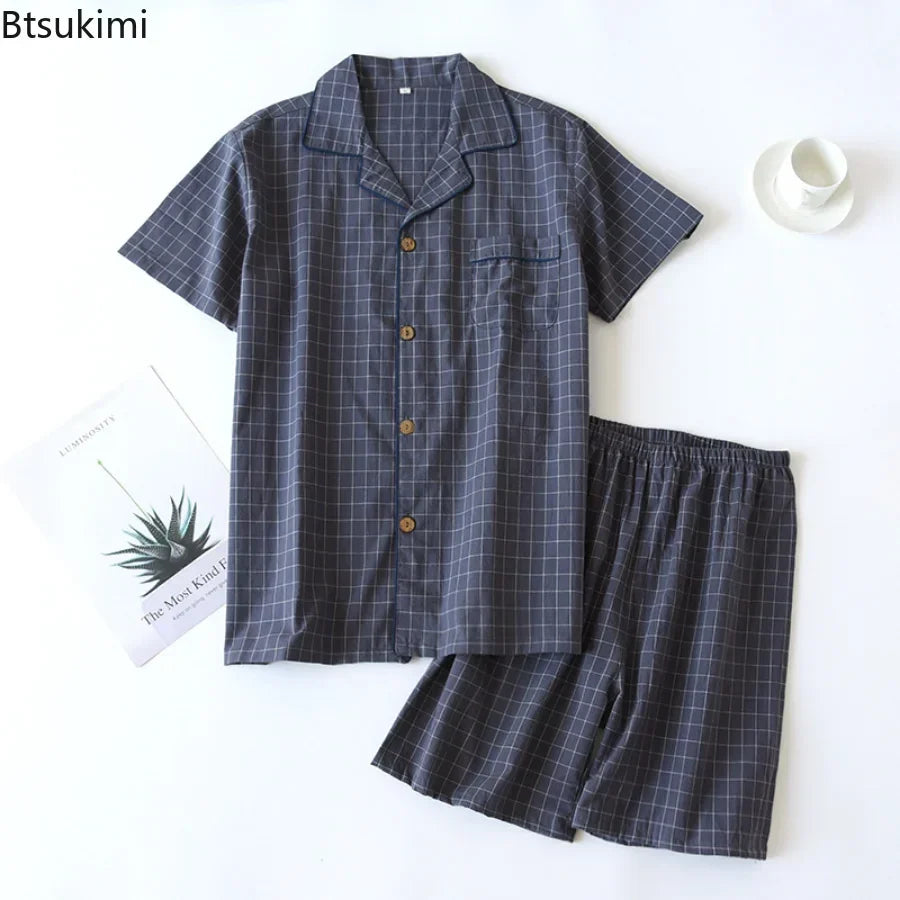 Men's Summer Pajamas - Thin Cotton Short-Sleeve & Shorts, Japanese Plaid Homewear