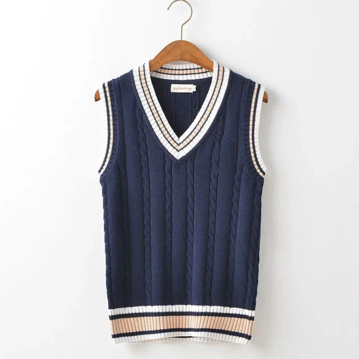 Thick V-Neck Sweater Vest - Sleeveless Knitted, Striped Retro Preppy Style, Chic and Casual