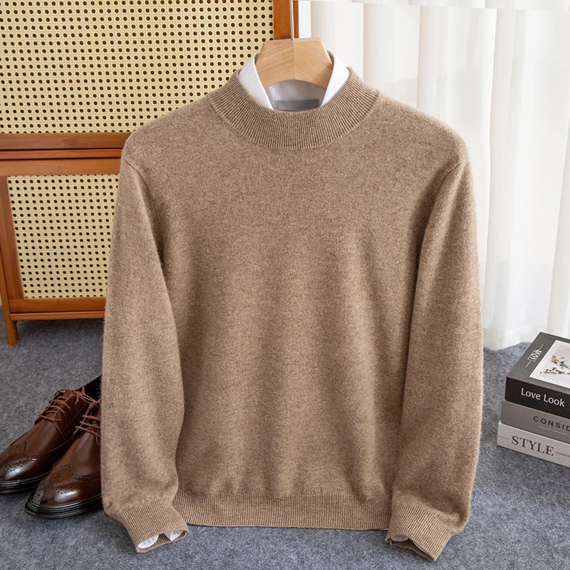 Men's 100% Wool Half-High Collar Sweater – Warm Solid Color Pullover, Business Casual