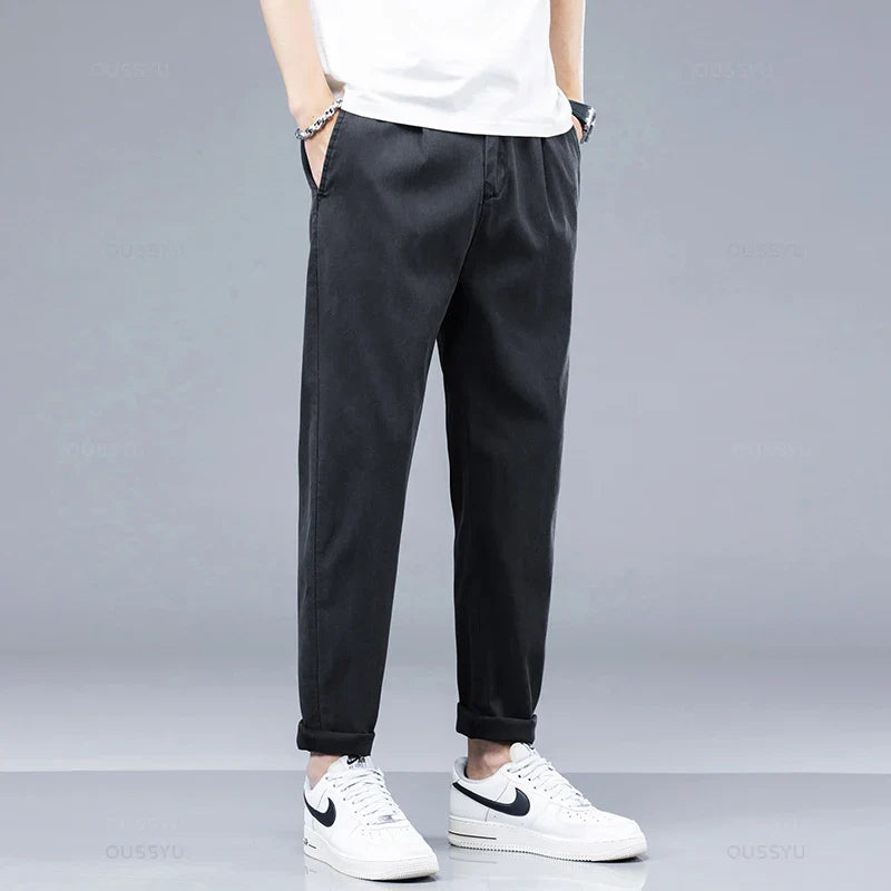 Men's Casual Pants - Soft Lyocell Fabric, Thin Slim Fit, Elastic Waist, Korean Style Jogger Ankle-Length Trousers