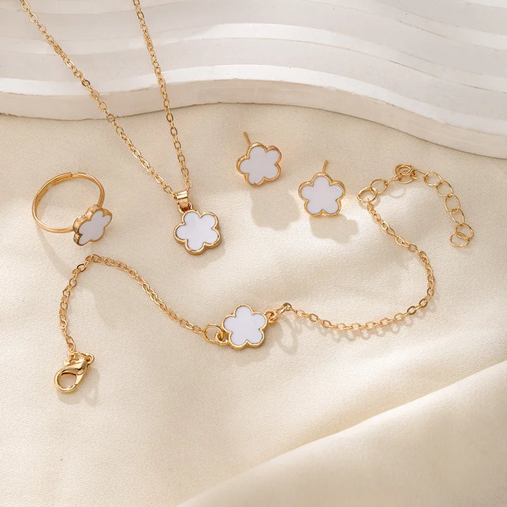 Five-Leaf Flower Jewelry Set - Necklace, Earrings, Ring & Bracelet for Women