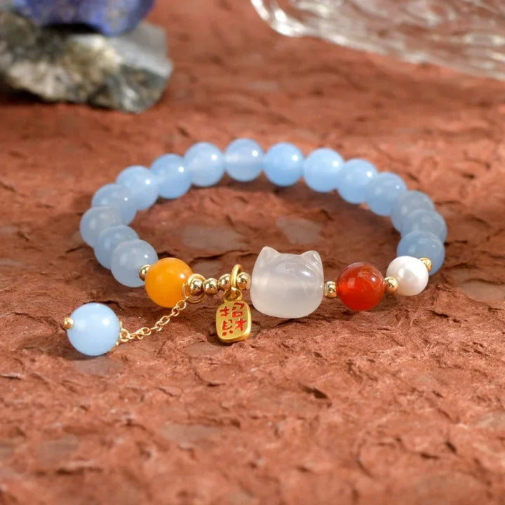 Aquamarine Lucky Cat Bracelet - Handmade Lychee Jelly Design for Women