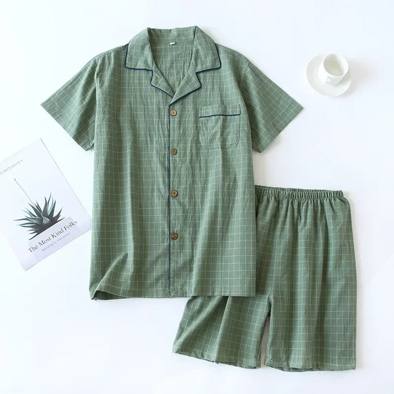 Men's Summer Pajamas - Thin Cotton Short-Sleeve & Shorts, Japanese Plaid Homewear