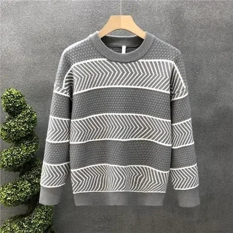 Men's Crewneck Knitted Sweater - White Striped Loose Fit Korean Fashion Pullover