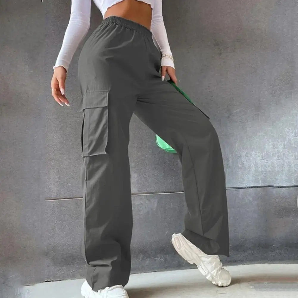 Women's Cargo Pants with Elastic Waist, Wide Leg, and Multiple Pockets