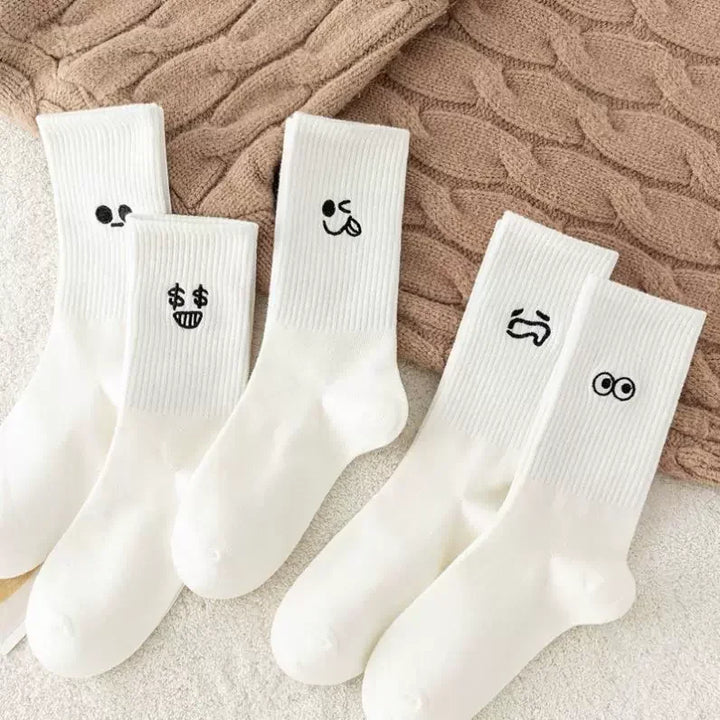 5pairs Cute Emotional Expressions Women's Warm Sock White Kawaii Stocking Embroidered Mid Length Socks Pattern Cotton Sports Sox