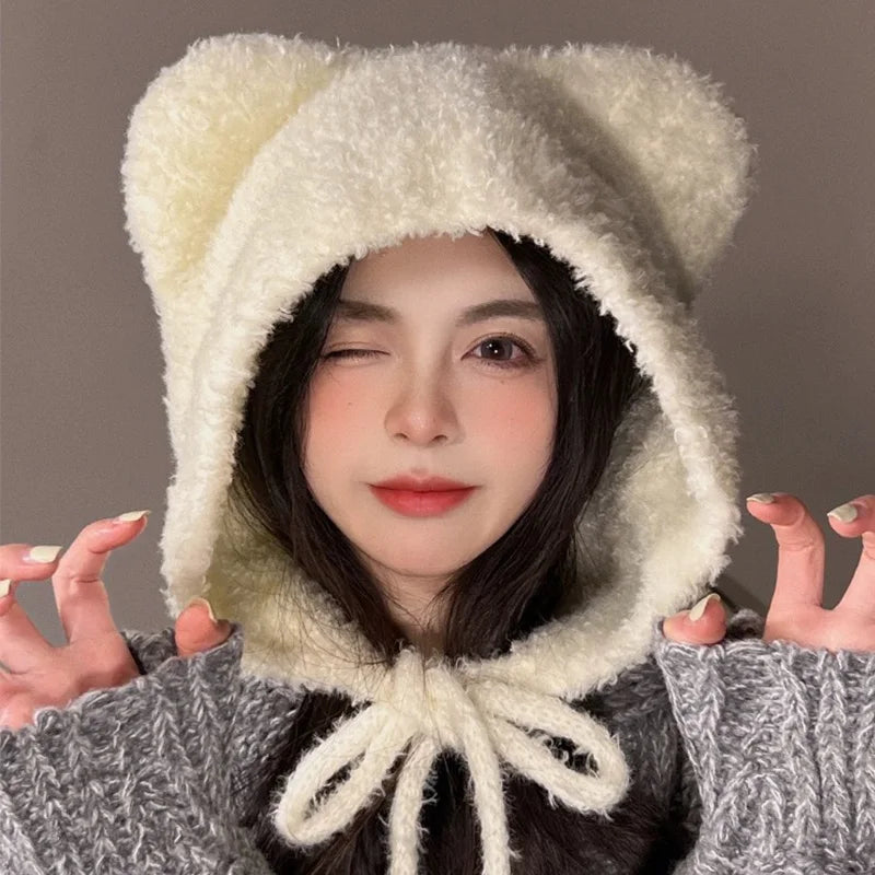 Winter Plush Beanies – Cute Bear Ear Wool Hat, Warm Lace-up Ear Protection Knitted Bomber Cap, Korean Women Knitting Bonnets Gorros