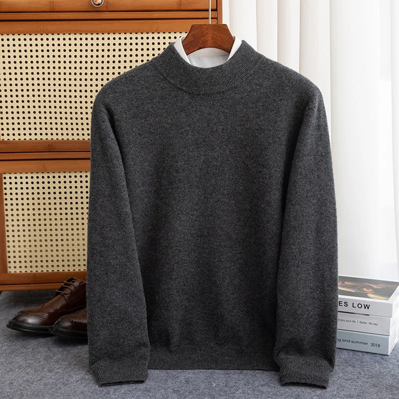 Men's 100% Wool Half-High Collar Sweater – Warm Solid Color Pullover, Business Casual