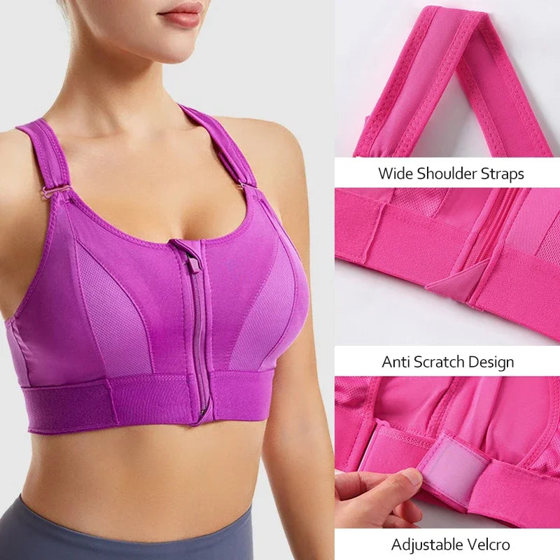 Zip-Front Strappy Yoga Bra - Padded Seamless Wireless Sports Bra for Women