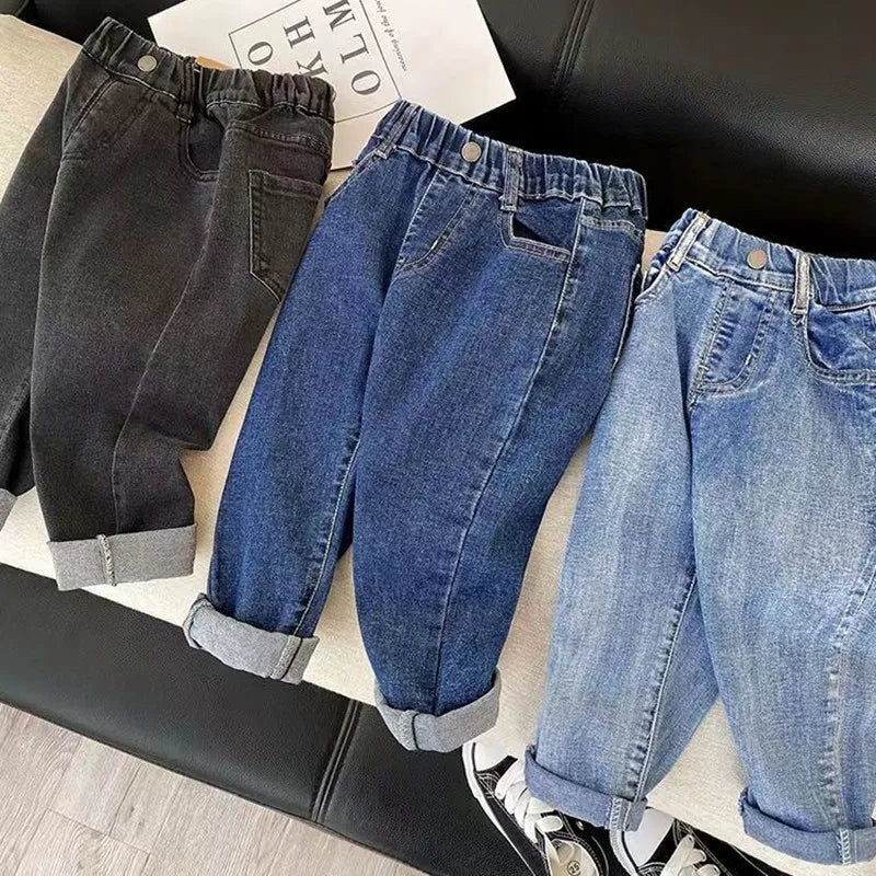 Boys' Thin Denim Jeans Elastic Long Pants, Loose Fit for Spring and Autumn