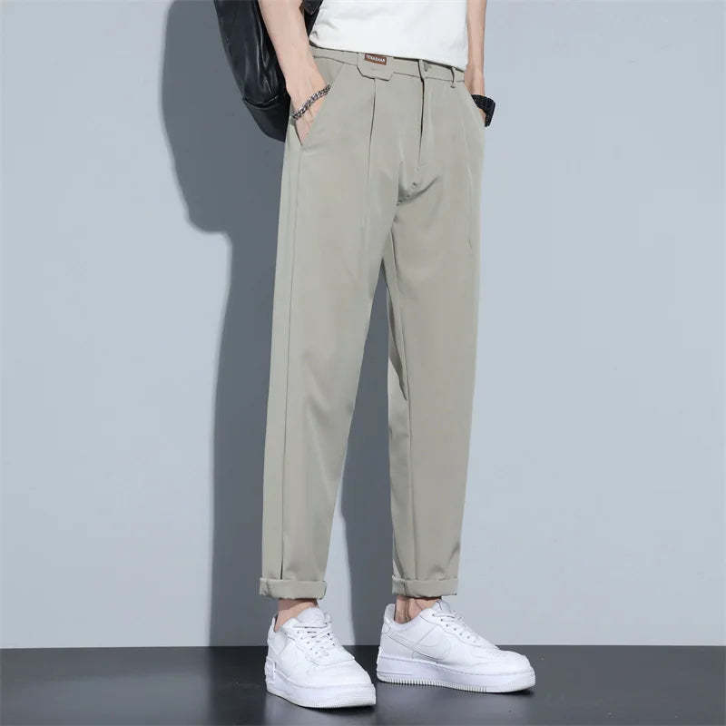 Men‘s Suit Pants Smooth Slim Business Office Social Elastic Waist Beige Grey Classic Korean Formal Trousers Male