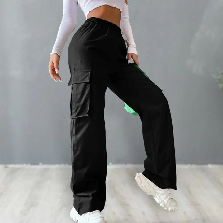 Women's Cargo Pants with Elastic Waist, Wide Leg, and Multiple Pockets