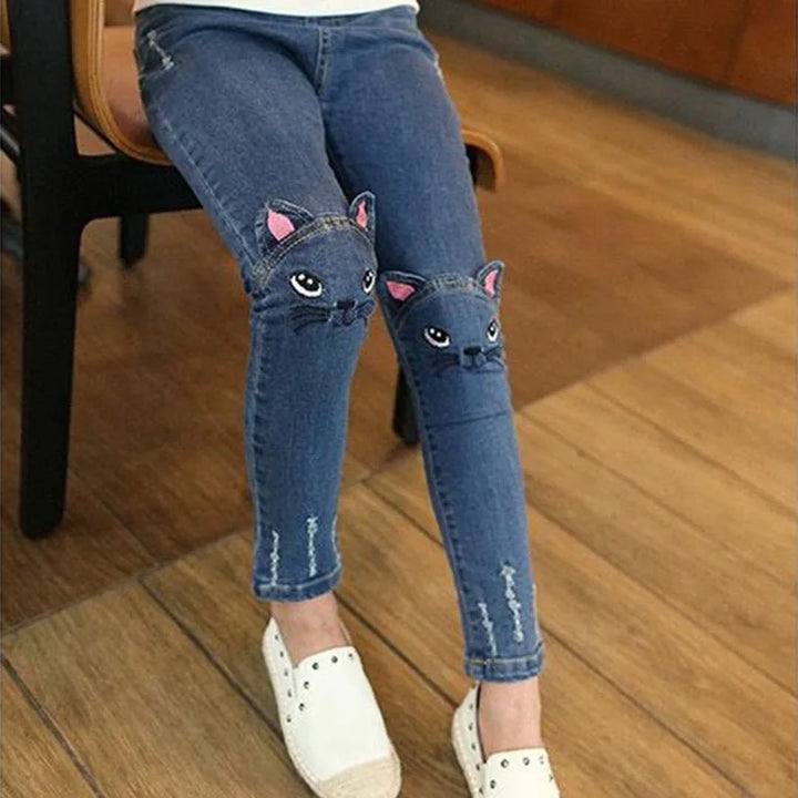 Children's Casual Denim Skinny Trousers - Printed Long Pants for Infants and Girls