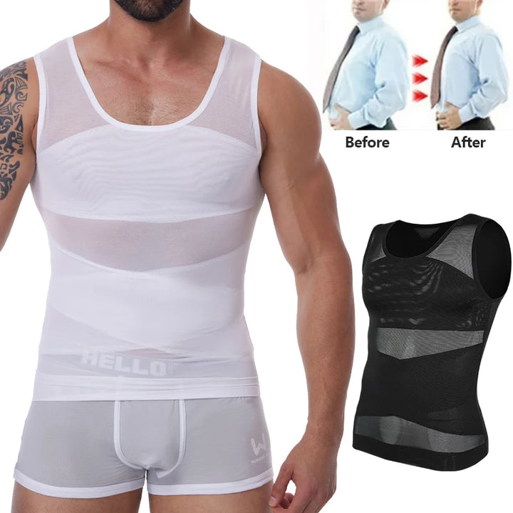 Men's Compression Shirt - Slimming Undershirt, Sleeveless Body Shaper Tank Top, Mesh Cross Suit