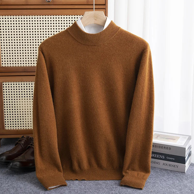 Men's 100% Wool Half-High Collar Sweater – Warm Solid Color Pullover, Business Casual