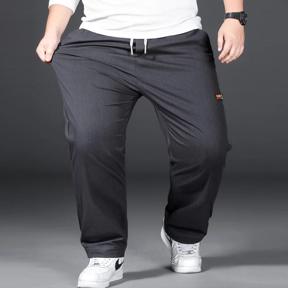 Plus Size Men’s Casual Trousers - Elastic Waist Straight Pants in Grey & Black