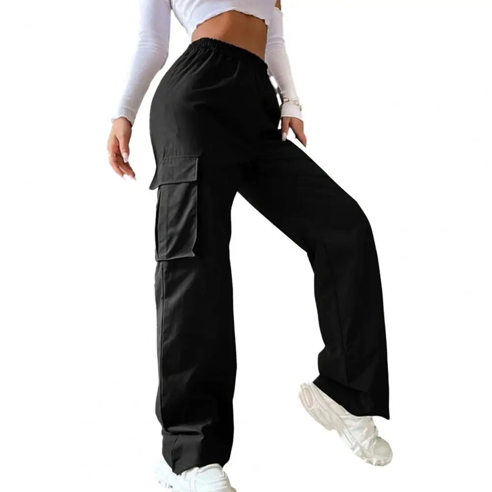 Women's Cargo Pants with Elastic Waist, Wide Leg, and Multiple Pockets