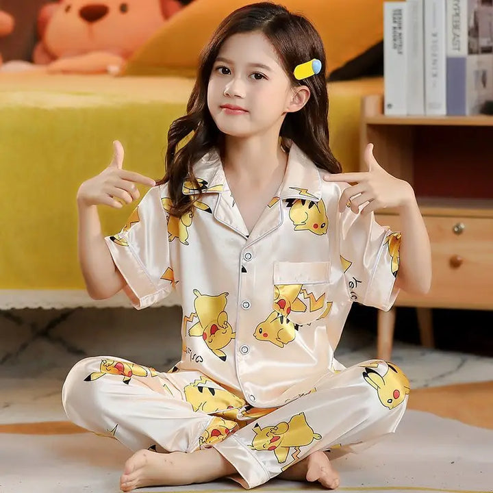 Kids Silk Satin Pajama Set – Girls' Cartoon Button-Down Short Sleeve Top & Pants