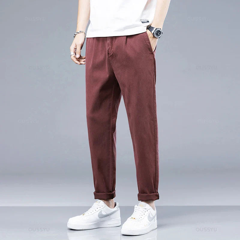 Men's Casual Pants - Soft Lyocell Fabric, Thin Slim Fit, Elastic Waist, Korean Style Jogger Ankle-Length Trousers