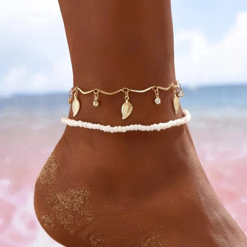 Anklet Foot Chain - Summer Bracelet with Tassel, Star Crystal Pendant, and Charm, Perfect for Barefoot Beach or Bridal Jewelry