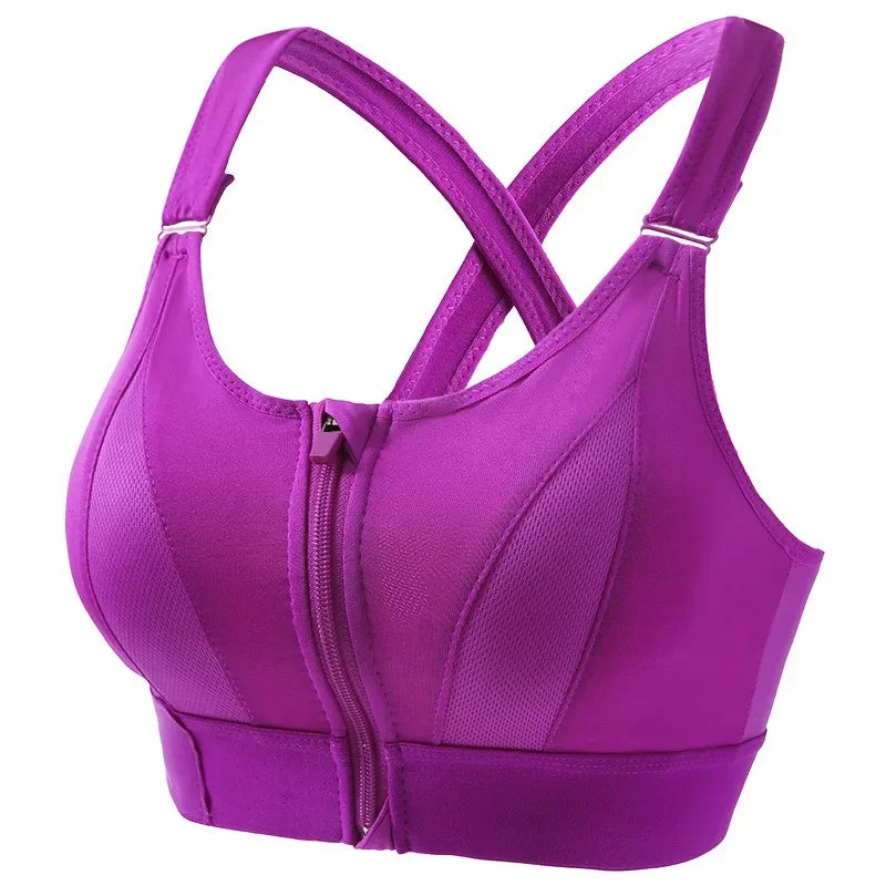 Zip-Front Strappy Yoga Bra - Padded Seamless Wireless Sports Bra for Women