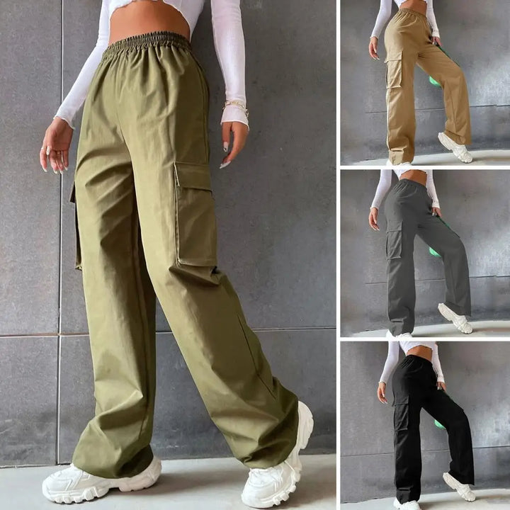 Women's Cargo Pants with Elastic Waist, Wide Leg, and Multiple Pockets