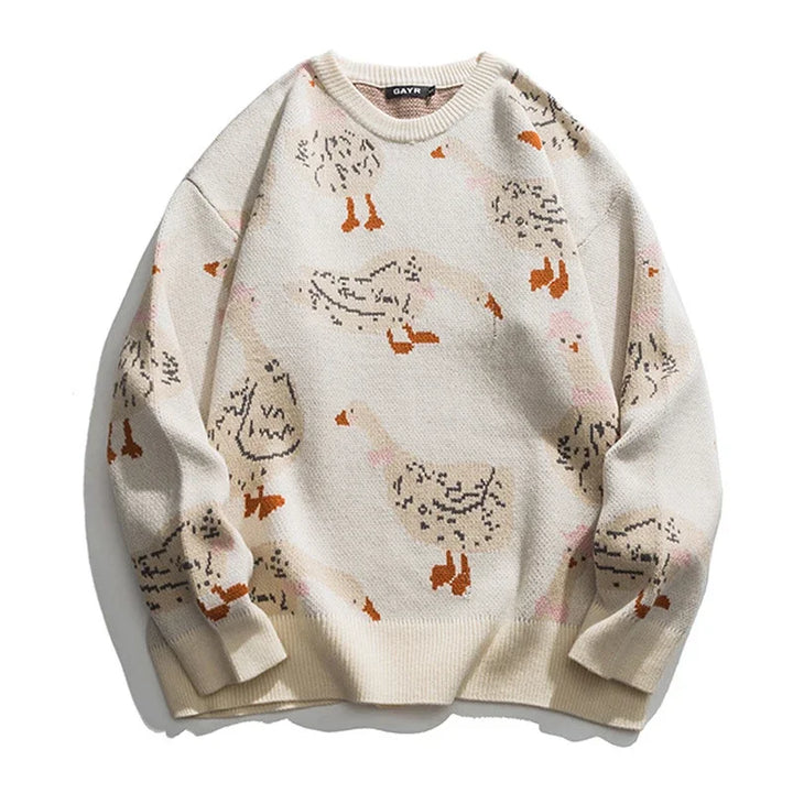 Japanese Knitted Sweater - Men’s Cartoon Duck and Goose Print, Harajuku Casual O-Neck Pullover, Oversized Streetwear, Unisex Fall Top