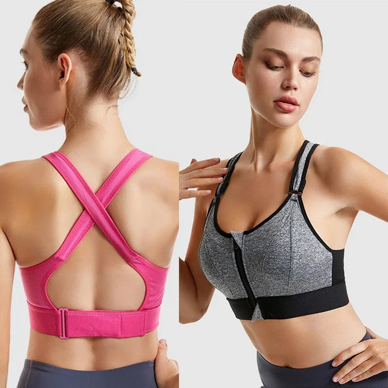 Zip-Front Strappy Yoga Bra - Padded Seamless Wireless Sports Bra for Women