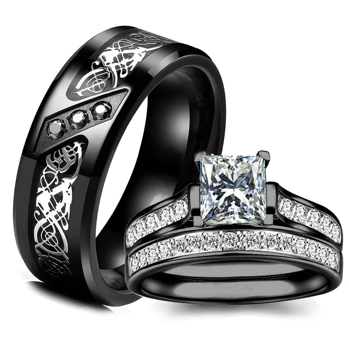 Fashion Couple Ring Set - Women's White Rhinestone Zircon Ring & Men's Stainless Steel Celtic Dragon Wedding Band