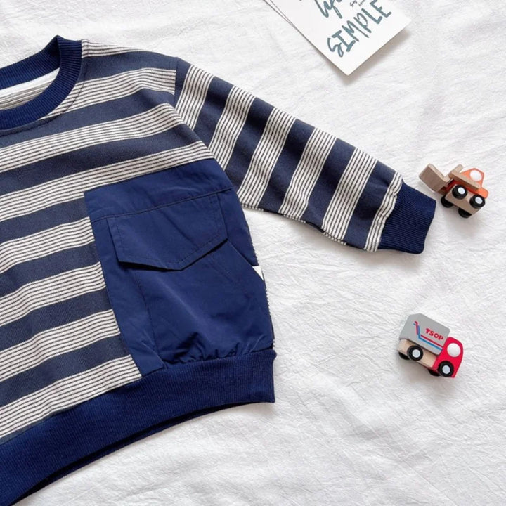 Children's Casual Fashion Sweater Spring/Autumn Splice Design with Pockets, Round Neck, Long Sleeve, Stripe Pattern