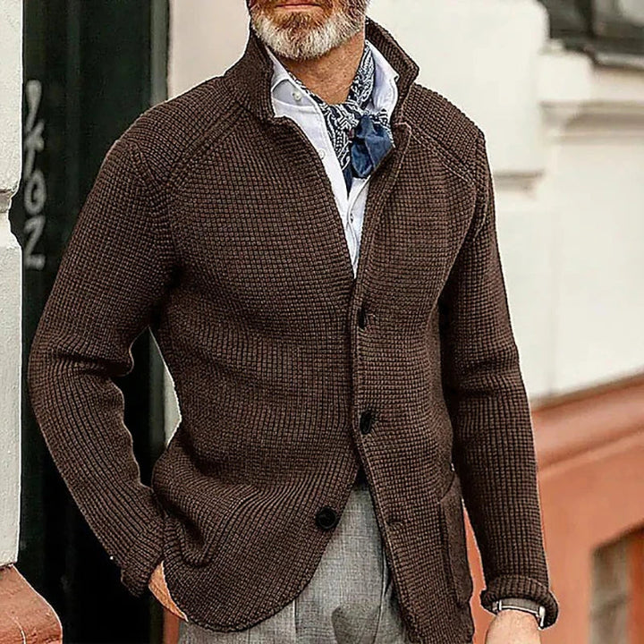 Men's Slim Fit Sweater Jacket - Stand Collar, Knitted Cardigan with Pockets, Solid Color, Autumn/Winter