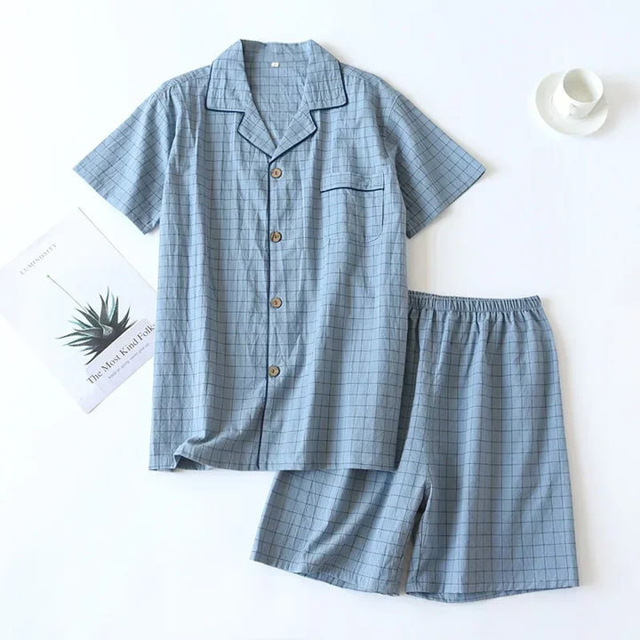 Men's Summer Pajamas - Thin Cotton Short-Sleeve & Shorts, Japanese Plaid Homewear