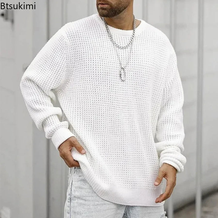 Men's Solid Color Knitted Sweater Loose Fit Long Sleeve Round Neck Pullover