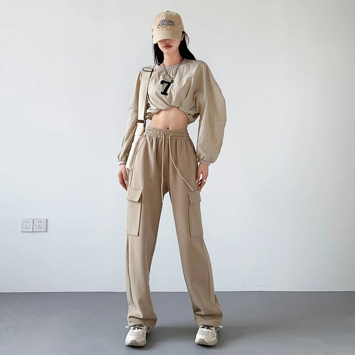 Women's Cotton Cargo Pants - High Waist, Drawstring, Multi-Pocket, Tie Feet, Straight Leg, Wide Leg