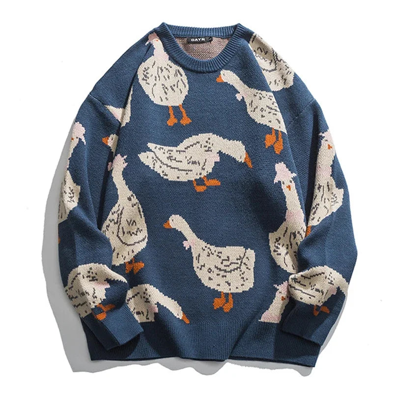 Japanese Knitted Sweater - Men’s Cartoon Duck and Goose Print, Harajuku Casual O-Neck Pullover, Oversized Streetwear, Unisex Fall Top