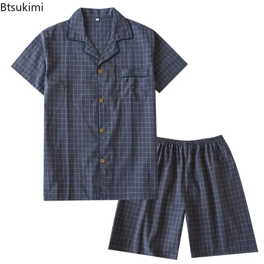 Men's Summer Pajamas - Thin Cotton Short-Sleeve & Shorts, Japanese Plaid Homewear