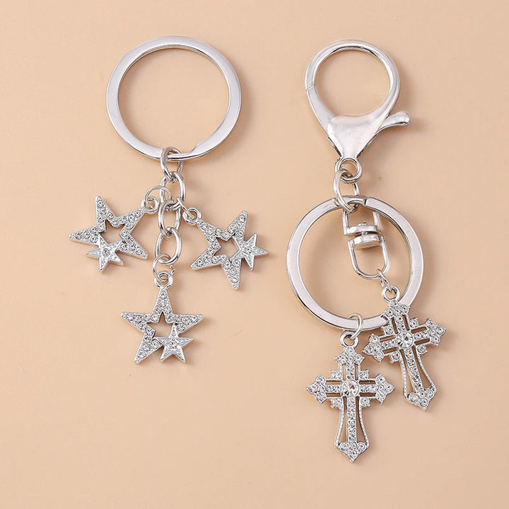 Sparkling Crystal Rhinestones Cross Keychain - Star Key Ring for Women and Girls, Handbag Pendant, DIY Jewelry Accessory