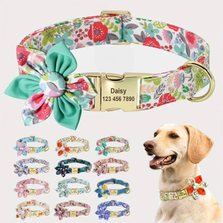 Personalized Dog Collar – Flower Printed Nylon with Free Engraved Nameplate for Small, Medium, and Large Dogs