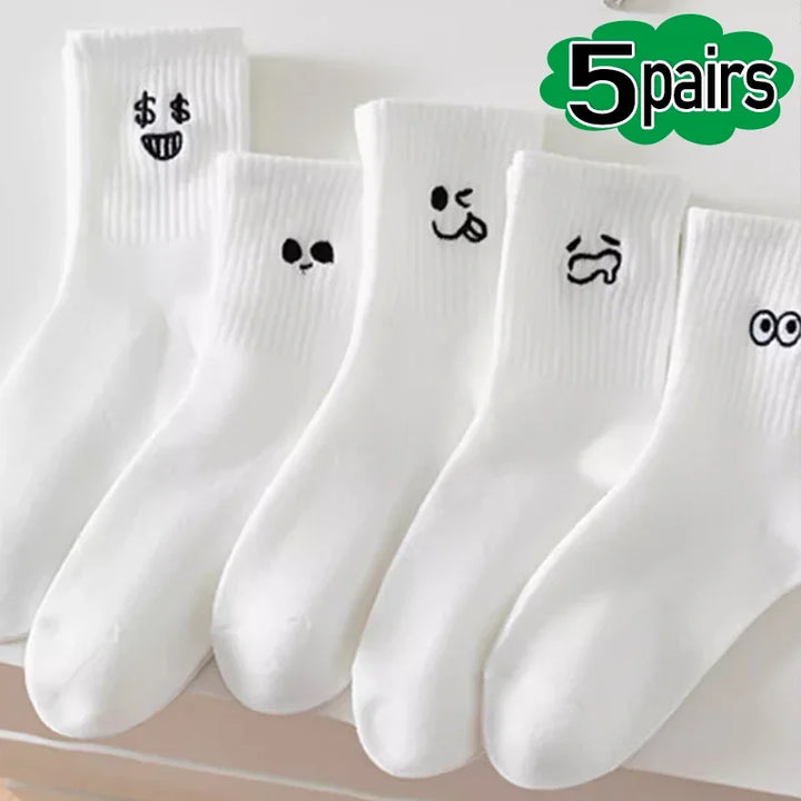 5pairs Cute Emotional Expressions Women's Warm Sock White Kawaii Stocking Embroidered Mid Length Socks Pattern Cotton Sports Sox