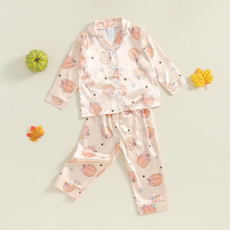 Toddler Girls' Silk Halloween Pajamas – Pumpkin Print Long Sleeve Button-Up Satin Sleepwear