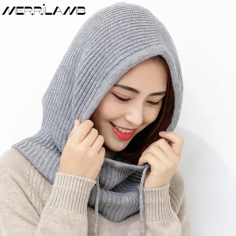 Women's Cashmere Wool Hat with Earmuffs & Collar - Thick Knitted Winter Beanie, Soft Hooded Scarf