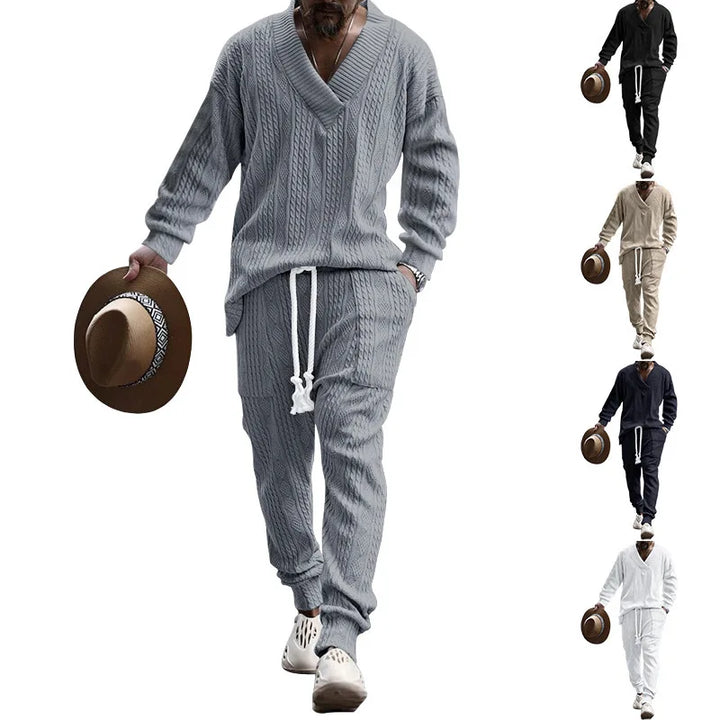 Men's V-Neck Jacquard Knit Sweater Set - Casual Sports Outfit for Autumn and Winter