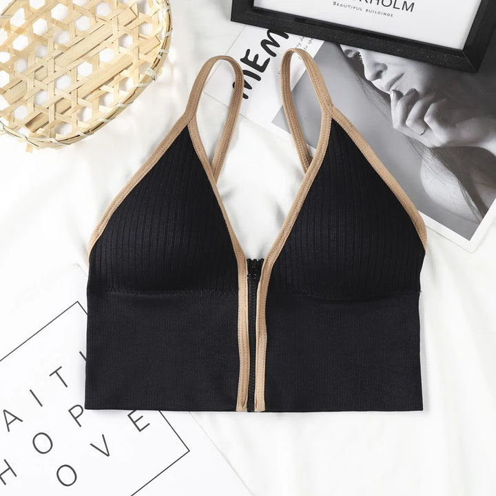 Sexy Seamless Padded Bralette - Wireless Cotton Sleep Top with Zipper for Women