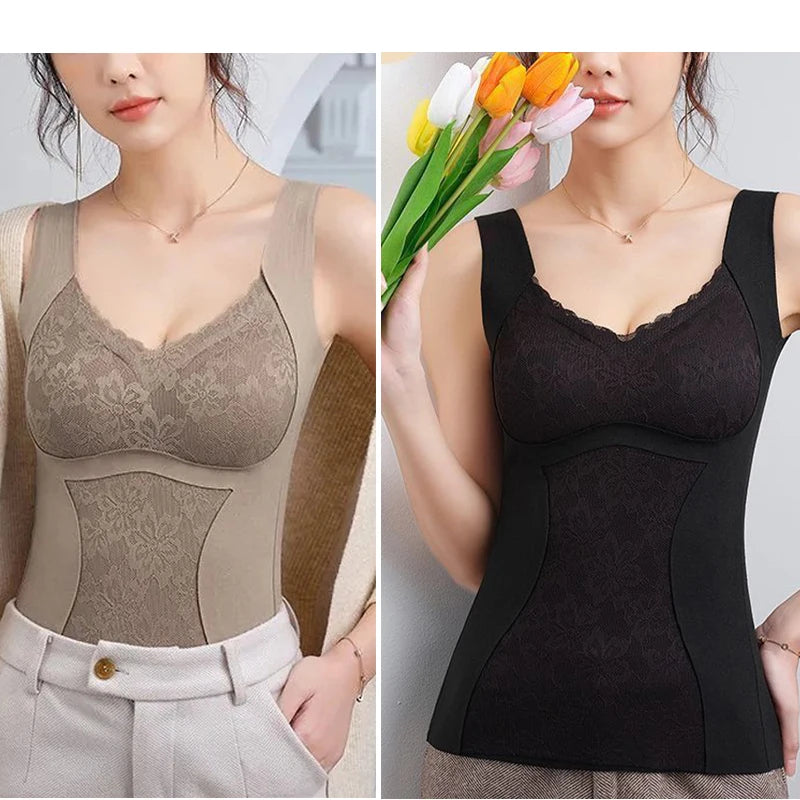 2-Piece Women’s Thermal Underwear - Soft Lace Padded Vest for Winter Warmth