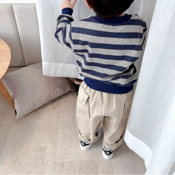 Children's Casual Fashion Sweater Spring/Autumn Splice Design with Pockets, Round Neck, Long Sleeve, Stripe Pattern