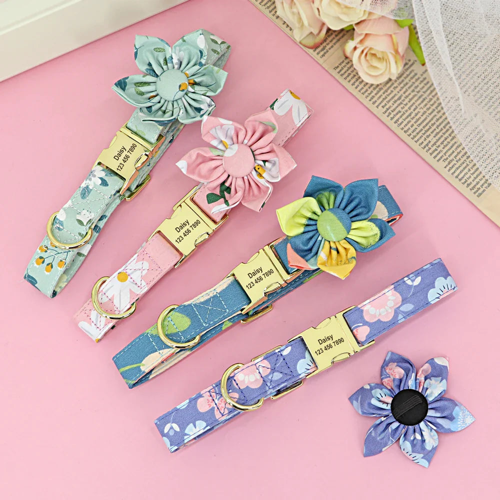 Personalized Dog Collar – Flower Printed Nylon with Free Engraved Nameplate for Small, Medium, and Large Dogs