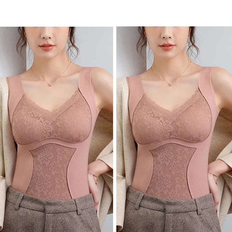 2-Piece Women’s Thermal Underwear - Soft Lace Padded Vest for Winter Warmth