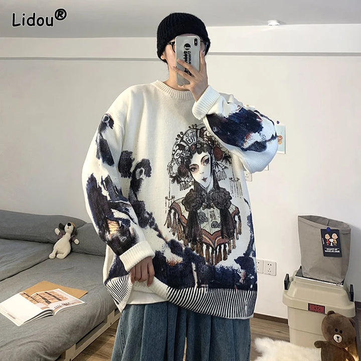 Men's Chinese Style Printed Knitted Pullover Loose Fit, Round Neck, Casual Fashion