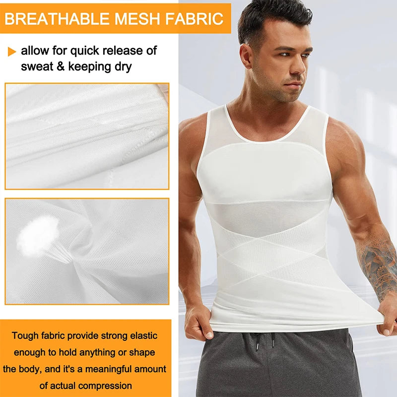 Men's Compression Shirt - Slimming Undershirt, Sleeveless Body Shaper Tank Top, Mesh Cross Suit